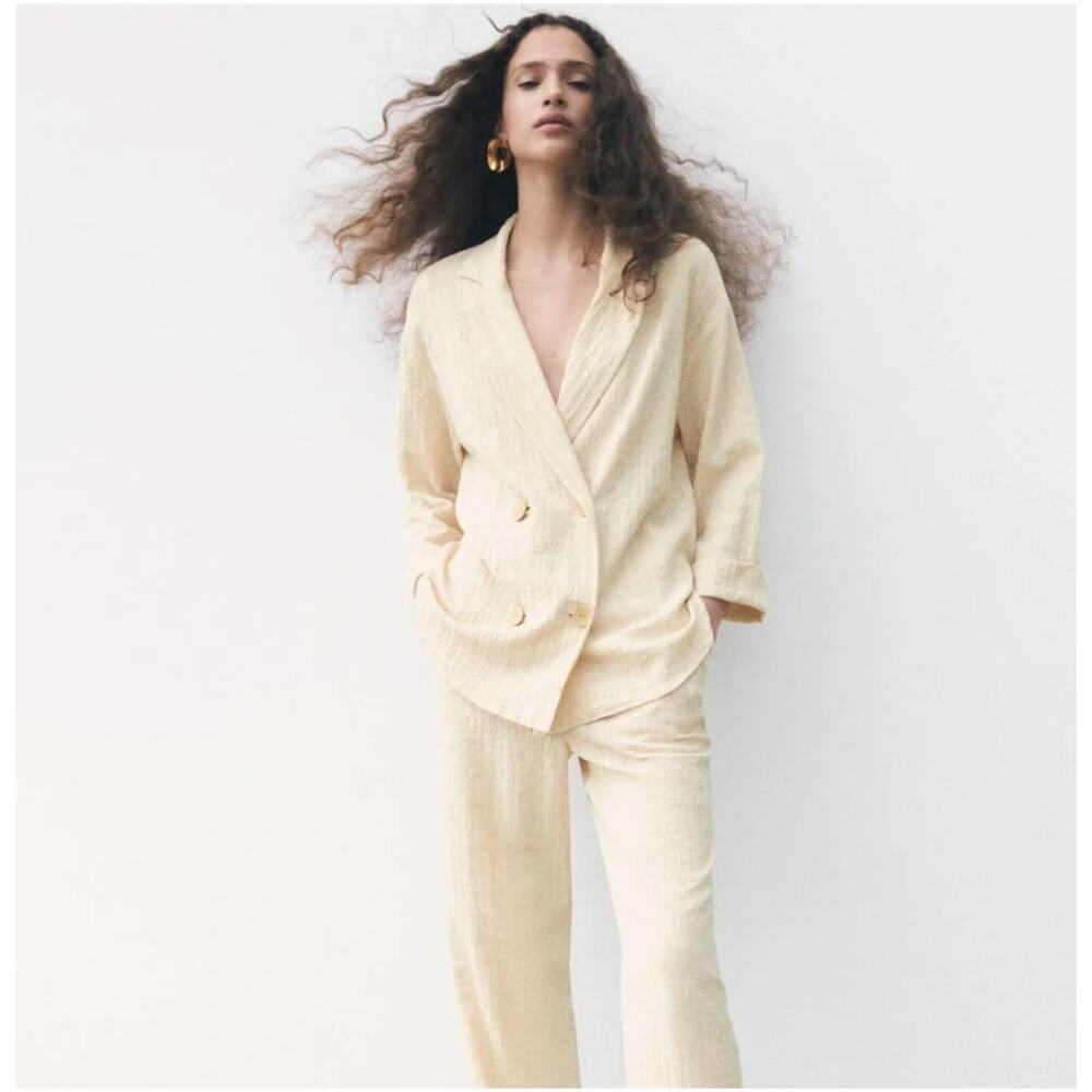 Zara Wrinkle Effect Blazer Pants Set Cream M/S